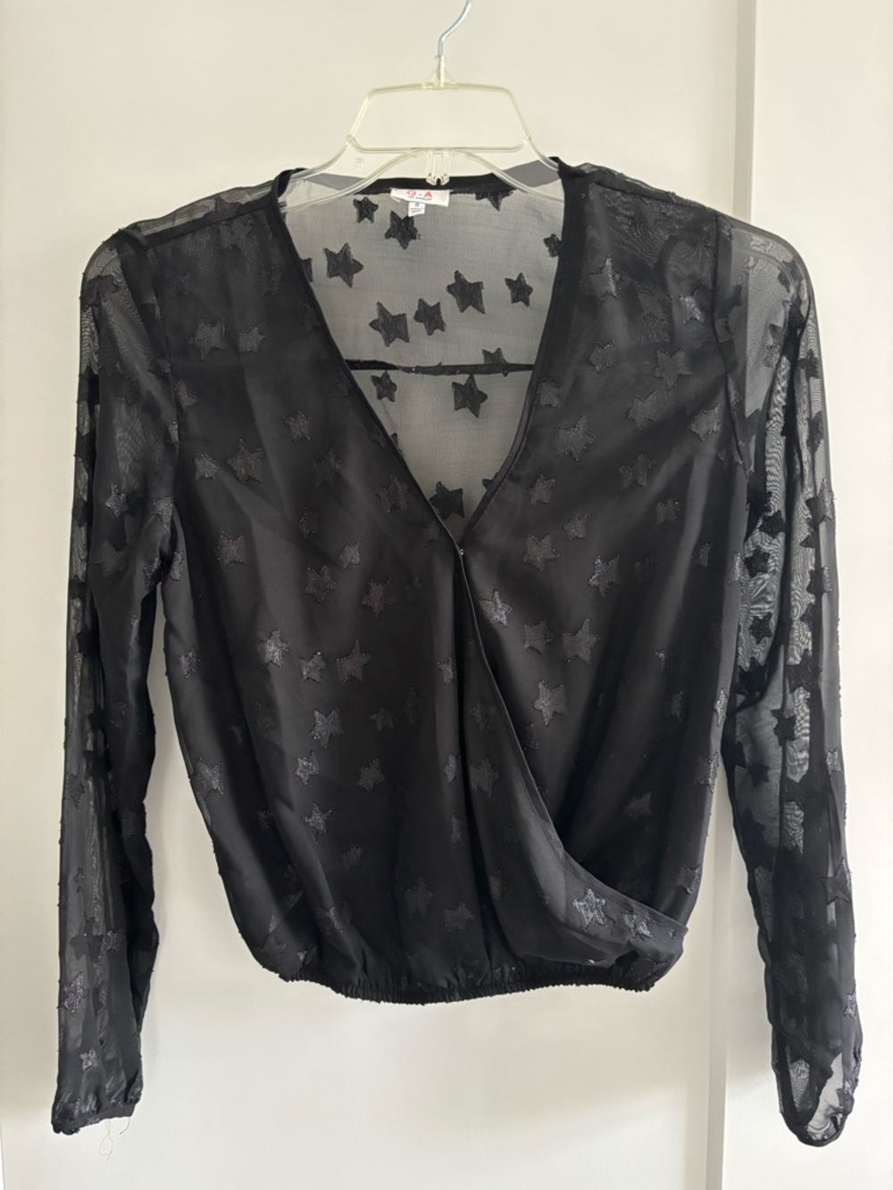 Sheer Star-Print Surplice Blouse - Black